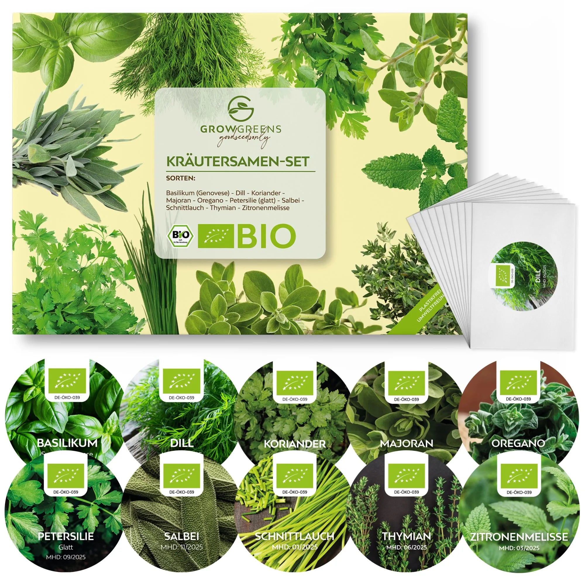 BIO Kräutersamen Set (10 Sorten) - Küchenkräuter Anzuchtset aus biologischem Anbau