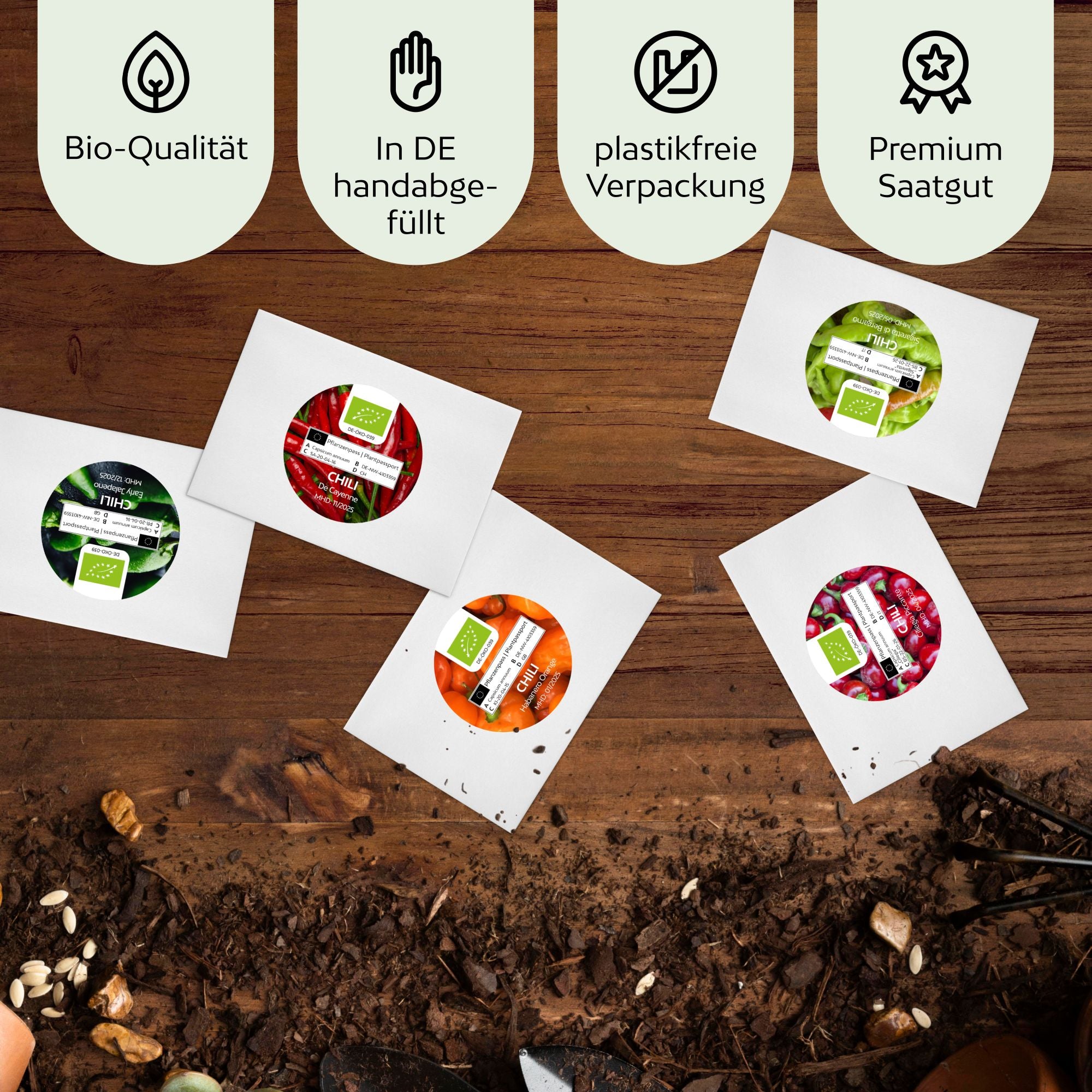 BIO Chilisamen Set (5 Sorten) - Chili Saatgut aus biologischem Anbau