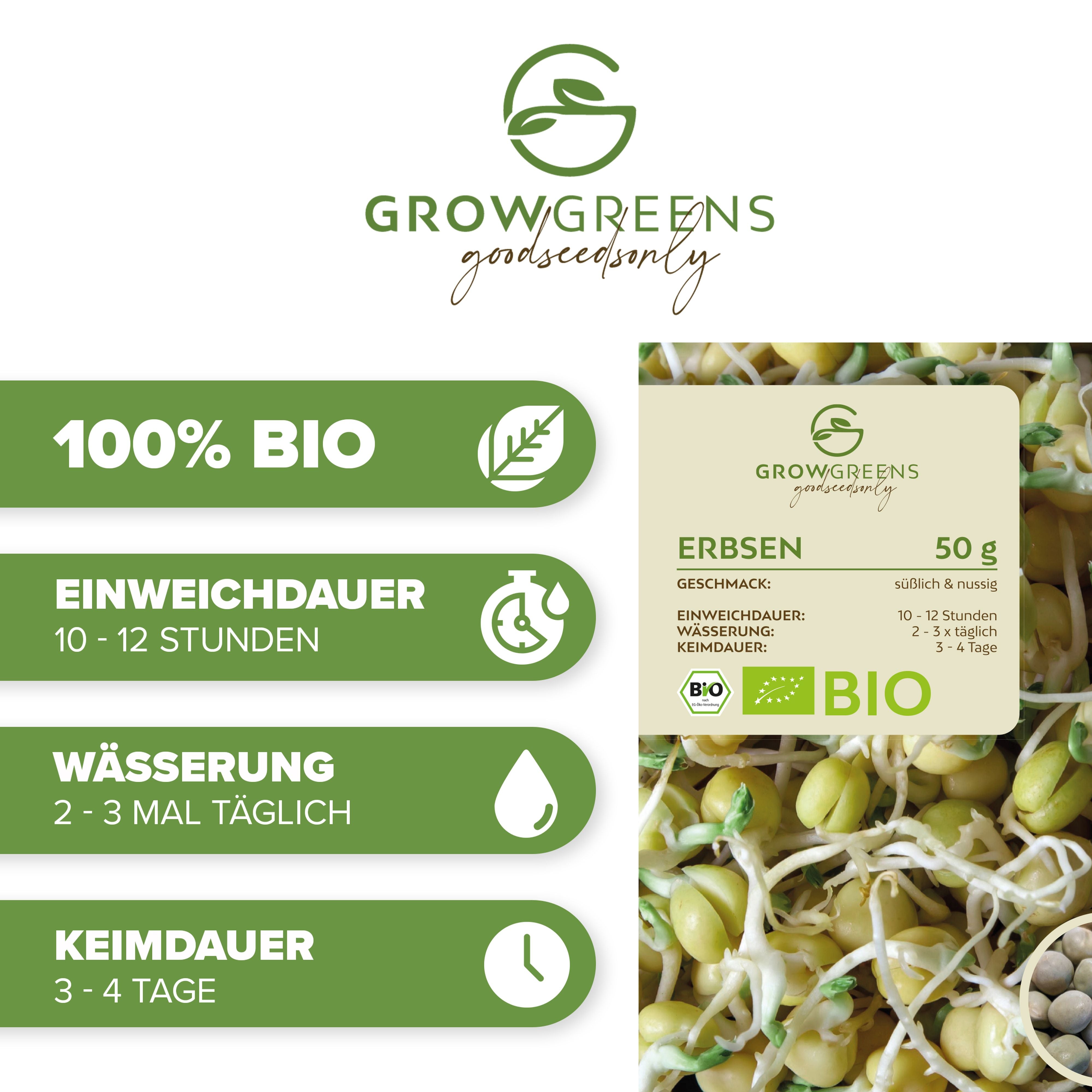 Bio Erbsen Sprossen Samen (50g) - Microgreens Saatgut ideal für die Anzucht von knackigen Keimsprossen