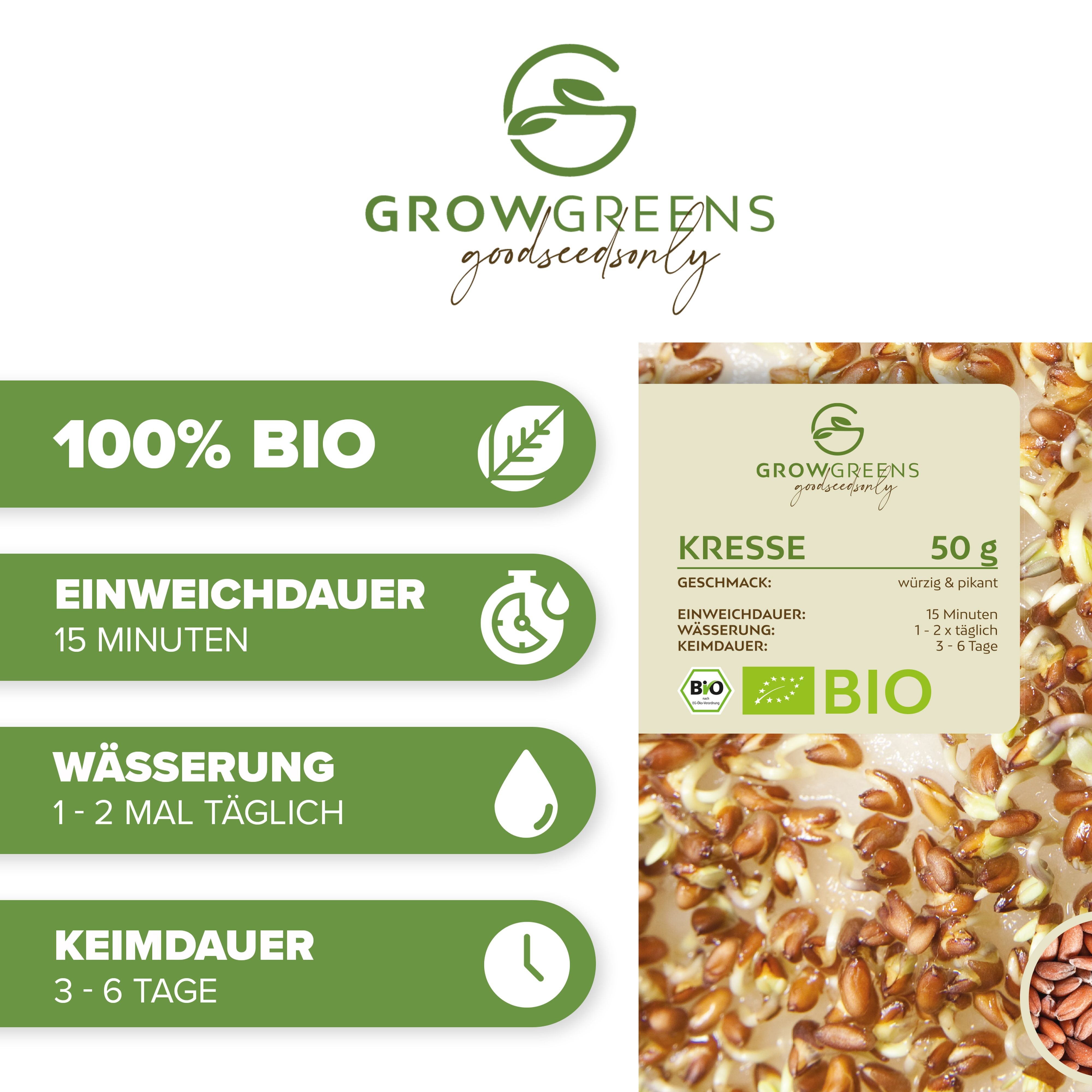 BIO Kresse Sprossen Samen (50g) - Microgreens Saatgut ideal für die Anzucht von knackigen Keimsprossen